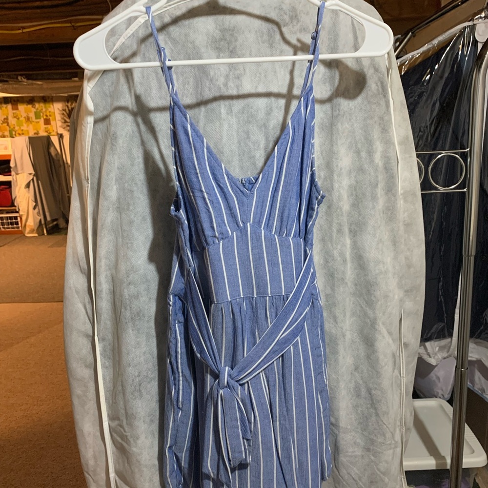 American Eagle Blue Striped Romper with Tie Waist
